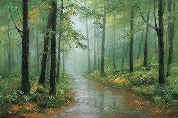 Obraz premium Serene Forest Path With Mist and Greenery Inviting Peaceful Contemplation and Nature Exploration