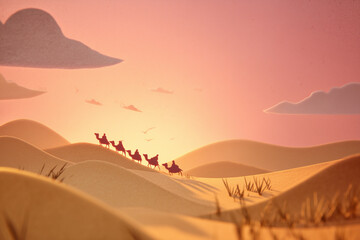 Fototapeta premium Illustration of a Desert Caravan Journeying at Sunset Through Rolling Sand Dunes and a Colorful Sky