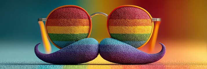 Colorful sunglasses and a vibrant mustache celebrate diversity during Pride Month in a playful and artistic display