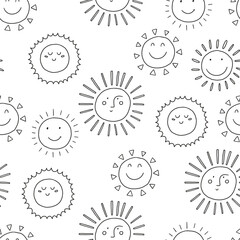 Cute Kid Sun Seamless Pattern. Summer Sunshine Background. Doodle Vector Wallpaper