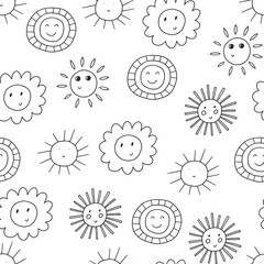 Cute Kid Sun Character Seamless Pattern. Summer Sunshine Background. Doodle Vector Wallpaper