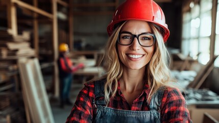 A confident woman smiles while wearing a hard hat and glasses, embodying empowerment and professionalism in a construction environment, showcasing strength and capability.
