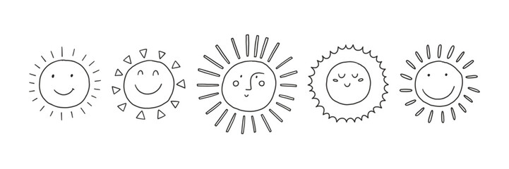 Happy Sun Face Doodle. Cute Smile Baby Sun Character. Line Vector Illustration