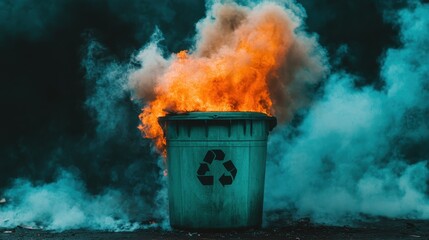 A vibrant image of a trash can engulfed in flames, emitting thick smoke. It symbolizes waste, environmental challenges, and the urgent need for better waste management solutions.
