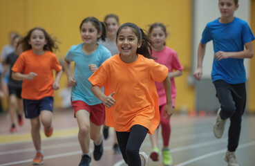 Kids running along track at indoor stadium. Children compete in colorful t-shirts at sport competition. Childhood athletics activity. Group of boys, girls sport. Fitness lifestyle, happy children