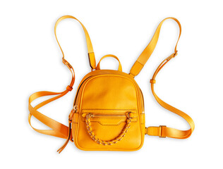 Top view of one bright yellow mini leather cozy backpack with gold chain decoration detail and long...