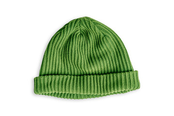 Top view of single green ribbed knit beanie warm casual hat made of soft wool fiber textile...