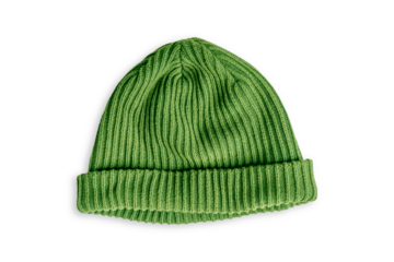 Top view of single green ribbed knit beanie warm casual hat made of soft wool fiber textile material isolated on white background used as autumn and winter cozy comfortable accessory knitwear