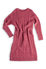 Top view of one purple or dark pink casual cable knit sweater dress with long sleeve and round neck...