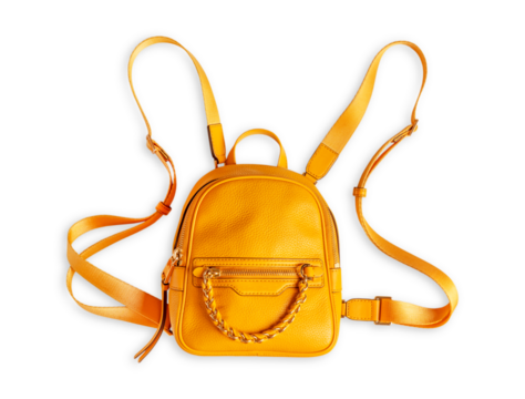 Top view of one bright yellow mini leather cozy backpack with gold chain decoration detail and long shoulder straps isolated on white background used as autumn stylish fashionable casual accessory