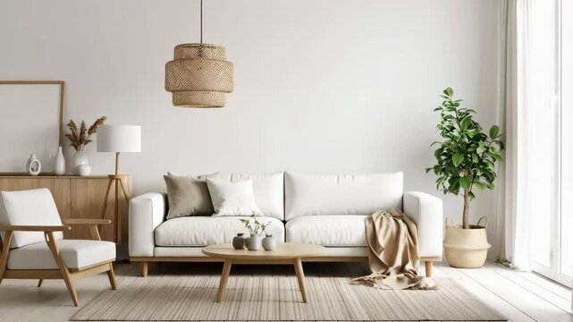 Bright living room interior with white sofa, wooden furniture, wicker lamp, and potted plant in minimalist Scandinavian design, showcasing contemporary home decor