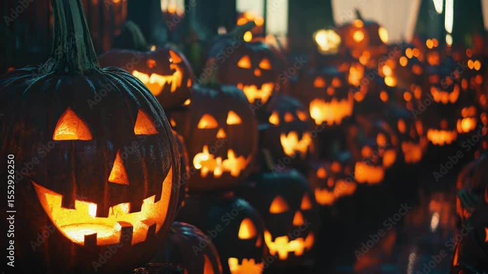 Aufkleber a group of carved pumpkins lit up at night, creating a warm and inviting atmosphere