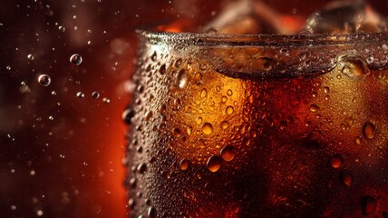 Close-up of ice-cold beverage with bubbles and red lighting. Neural network AI generated