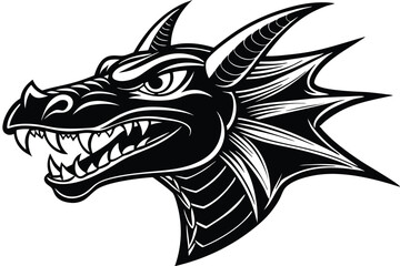 Monochrome dragon head showing sharp teeth and horns conveys a fierce, powerful expression