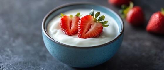 Delicious yogurt with fresh strawberry slices.