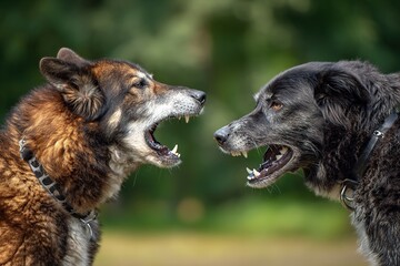 Two dogs with open mouths and exposed fangs, snarling at each other, reflecting aggression and conflict between animals, or protective behavior
