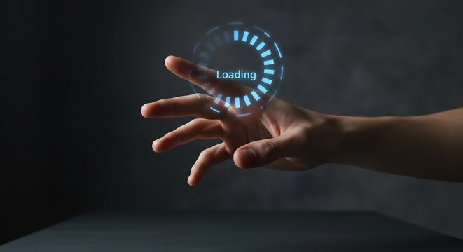 Futuristic Loading Concept: Hand Interacting with Digital Loading Circle Technology Interface