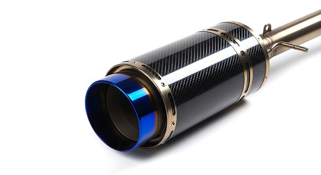A detailed close-up of a high-performance aftermarket exhaust muffler, isolated on a clean white background. 