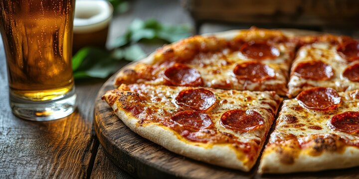 Enjoying a delicious pepperoni pizza with a cold drink at a cozy restaurant in the evening