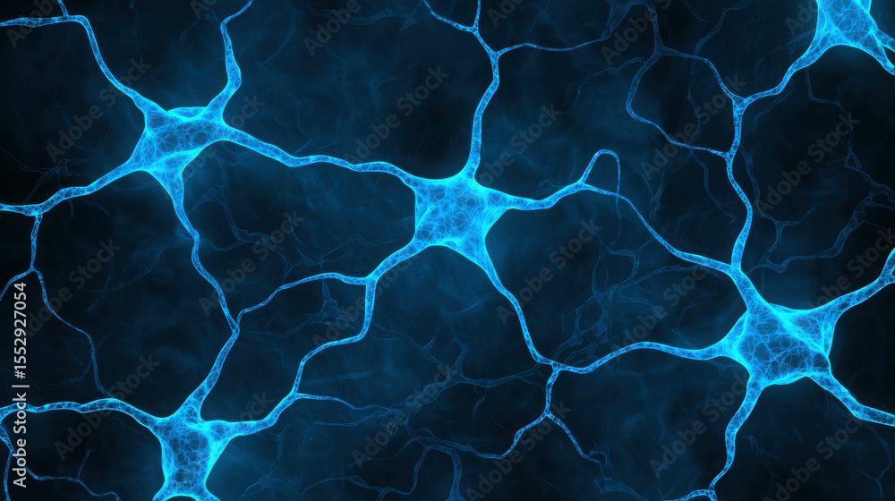 Poster abstract blue neural network structure with glowing elements on a dark background, representing tech