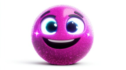 Fototapeta premium A vibrant pink, sparkly, spherical character with large, expressive eyes and a wide, joyful smile, rendered in 3D