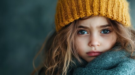 A portrait of a young girl in a warm knit hat and scarf, radiating innocence and contemplation against a softly blurred backdrop, evoking feelings of comfort and thoughtfulness.