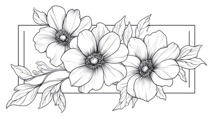 Floral line art design; black and white flowers, leaves and branches in a decorative frame.  Suitable for print, posters, or digital art