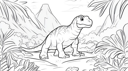 Fototapeta premium Prehistoric creature, jungle setting, coloring page