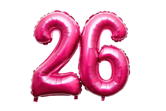 Bright pink number shape balloon with the number 26 isolated on a white background perfect for celebrations and birthdays