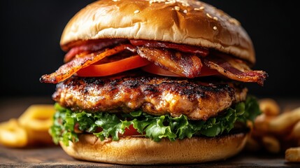 A mouthwatering bacon cheeseburger piled high with fresh lettuce, ripe tomatoes, and crispy bacon, encapsulating the ultimate comfort food for burger enthusiasts everywhere.