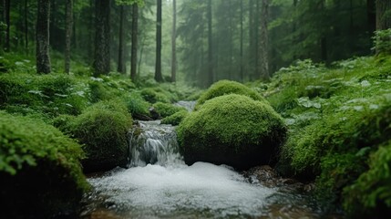 Obraz premium A serene forest scene featuring a gentle stream flowing over smooth rocks covered in vibrant green moss, creating a calming ambience in nature’s untouched beauty.