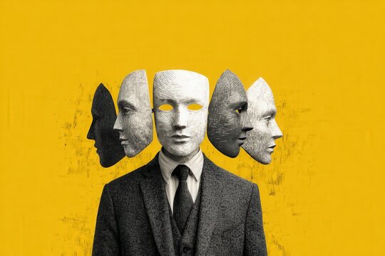 illustration of businessman without face choosing the right mask to wear, surreal identity concept
