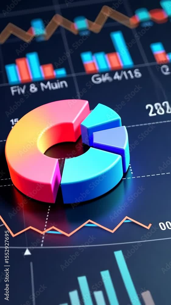 Aufkleber a 3d icon of a pie chart with glowing segments in corporate colors, hovering over a sleek dashboard,
