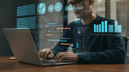 Person using a laptop with overlaid futuristic interface - Powered by Adobe