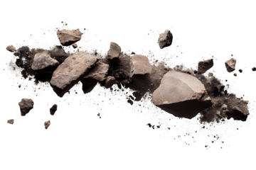 Flying debris and dust particles captured during a natural disturbance against a transparent background displaying motion and texture