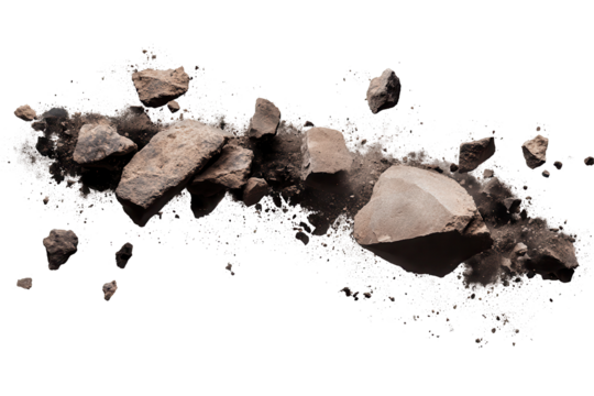 Flying debris and dust particles captured during a natural disturbance against a transparent background displaying motion and texture