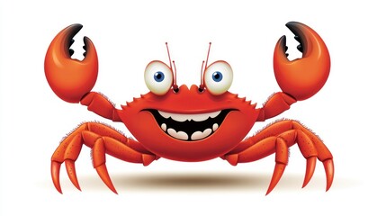 Cheerful cartoon crab, red shell, large claws, big eyes, smiling face, white background
