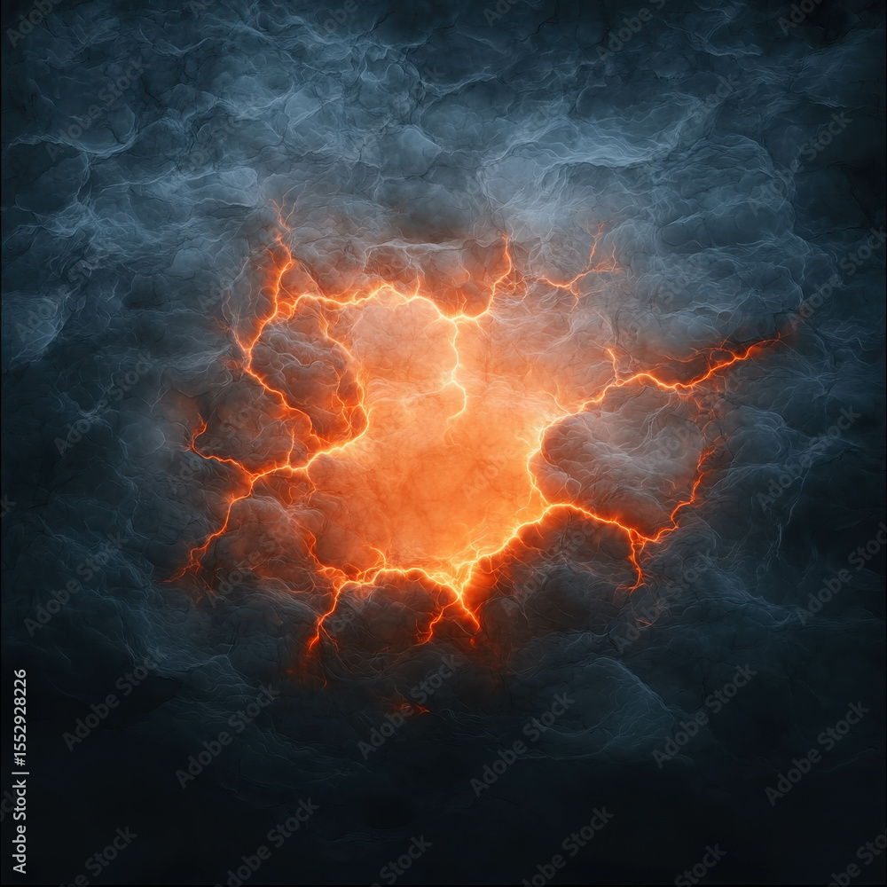 Poster fiery eruption in dark clouds with intense orange light and mysterious atmosphere for dramatic backg