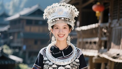 A smiling Miao girl in traditional ethnic attire, Guizhou, China.	
