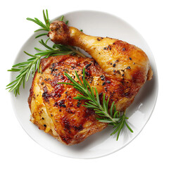 A delicious roasted chicken quarter garnished with rosemary on a pristine white plate, ready to eat. The chicken skin has a crispy texture and golden-brown color. 