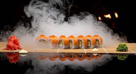 Smoke-Enveloped Sushi Art - Luxurious Salmon Rolls & Edible Florals AI-Generated  