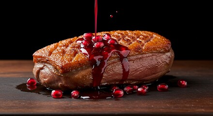 Crispy Duck Perfection - Seared Breast with Pomegranate & Red Wine Glaze on Dark Backdrop AI-Generated  
