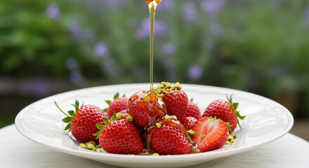 Golden Honey Strawberries - Glossy Berries with Pistachios & Liquid Gold Drizzle in Garden Light AI-Generated  