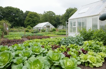 Urban community garden Het Lichtveen, Bennekom, Netherlands. Greenhouses in background. Diverse crops, lettuce, cabbage in foreground. Open day, guided tour. Local, sustainable agriculture, food