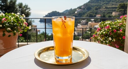 Sunlit Citrus Refreshment - Golden-Rimmed Glass with Iced Orange Drink & Garden Vista AI-Generated  