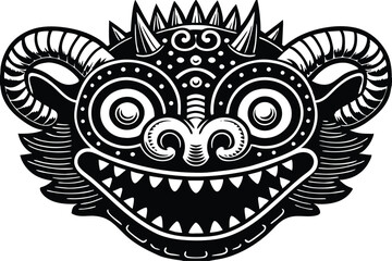 Black horned Barong mask with a sharptoothed grin showcases a bold, captivating tribal presence