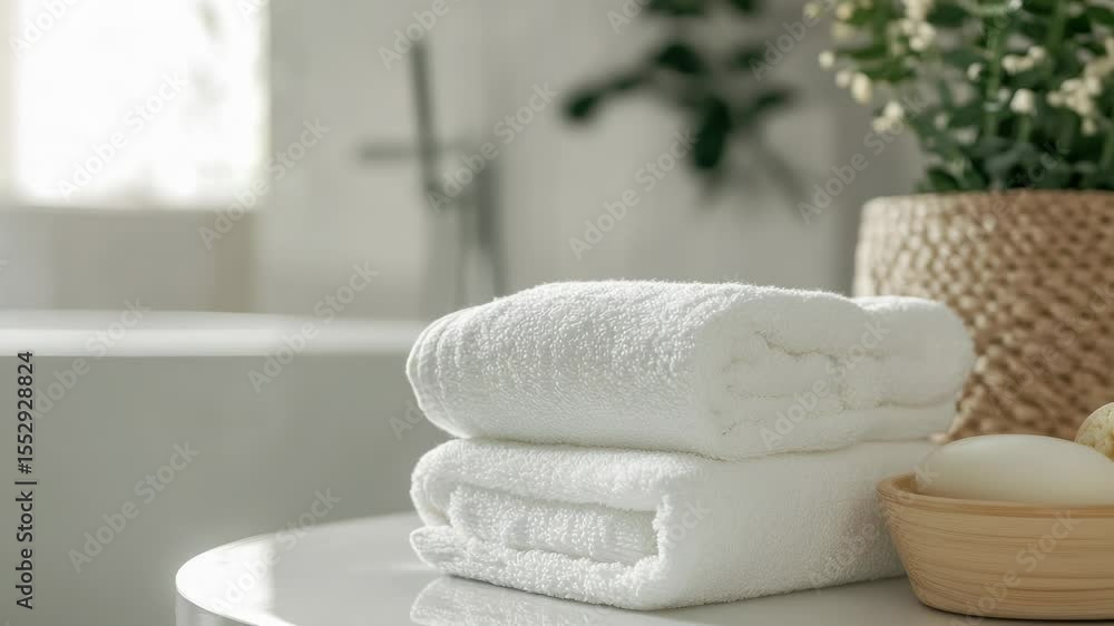 Poster a stack of white towels sits on a table, ready for use