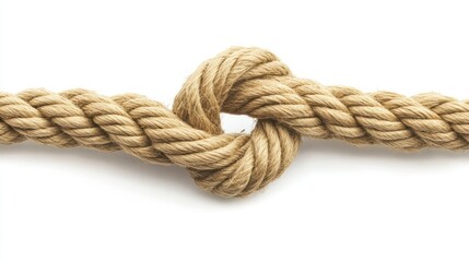 Obraz premium A close-up of a thick, light-brown rope tied in a simple overhand knot against a white background