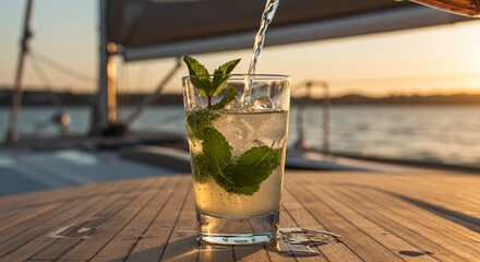 Sunlit Lakeside Mojito - Sparkling Mint Cocktail Poured Over Ice with Waterfront Ambiance AI-Generated  