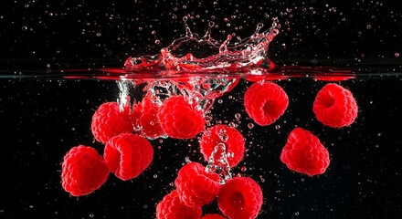 Raspberry Splash - Vibrant Red Berries Exploding into Dark Liquid with Water Droplets AI-Generated  